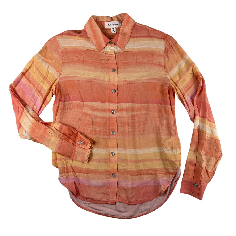 Cloth & Stone Shirt Womens XXS Orange Striped Button Up Rayon Long Sleeve Top